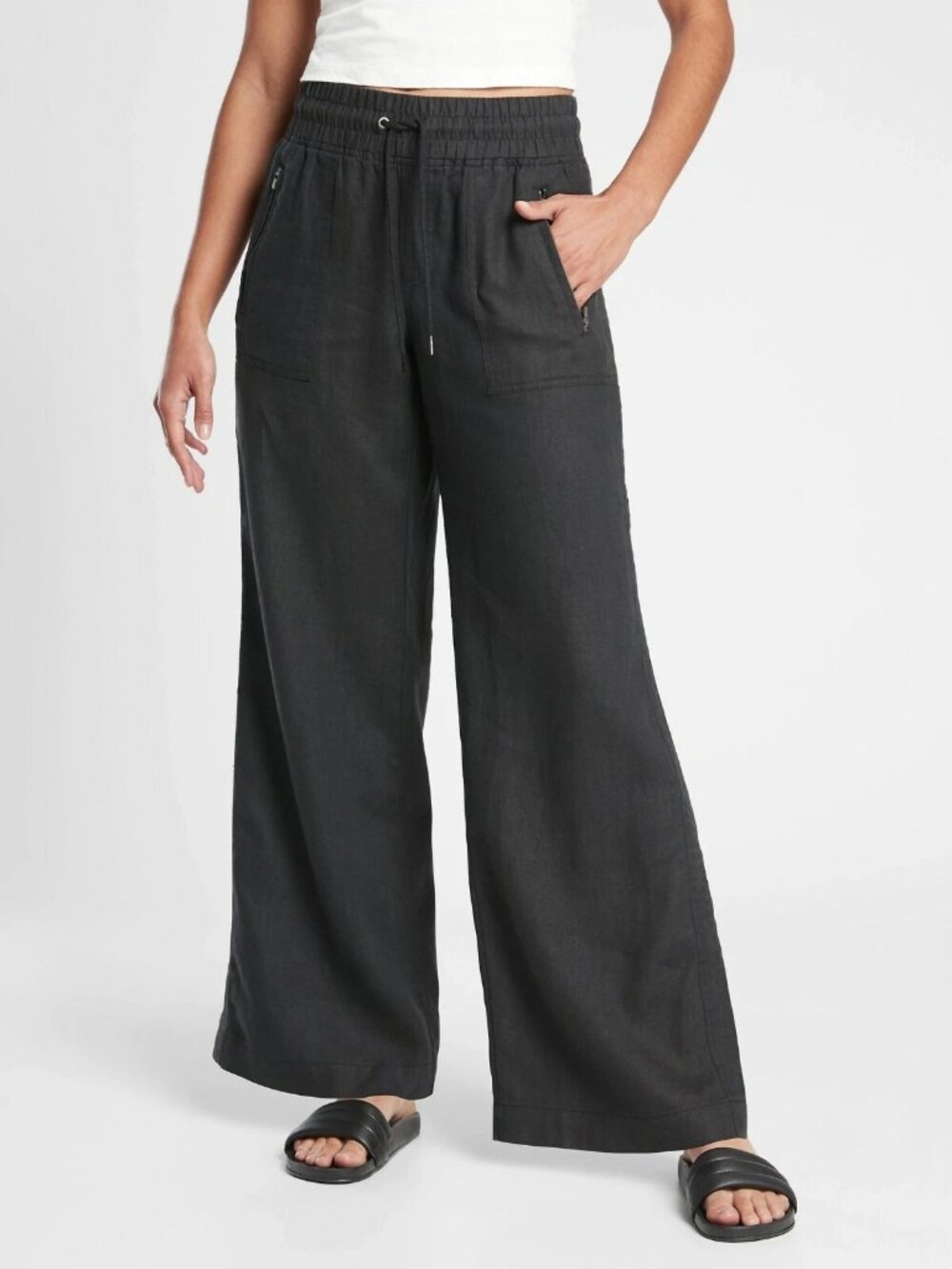 Athleta Women's Cabo Pant 8 Linen Black Wide Leg Fade Stretch Casual Pocket